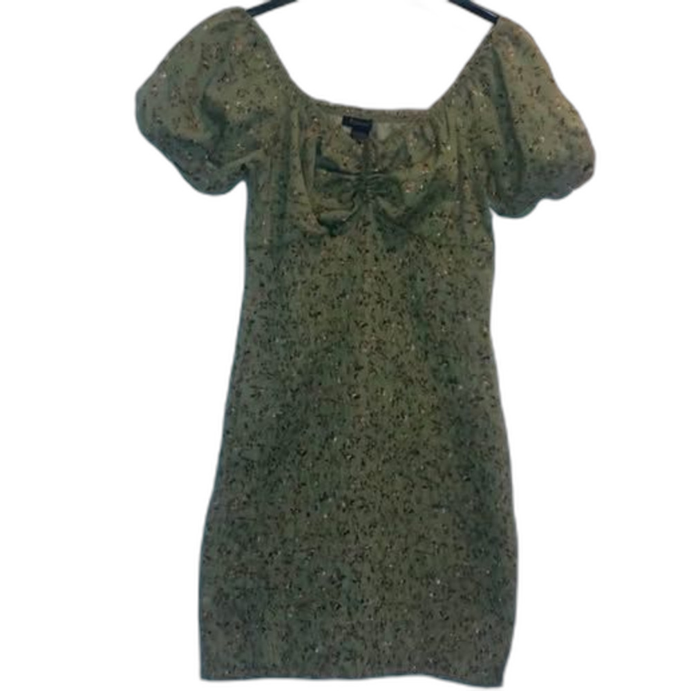 Stylehouse Olive Green Print Mini Dress Small-Medium Boho Empire Waist Peasant